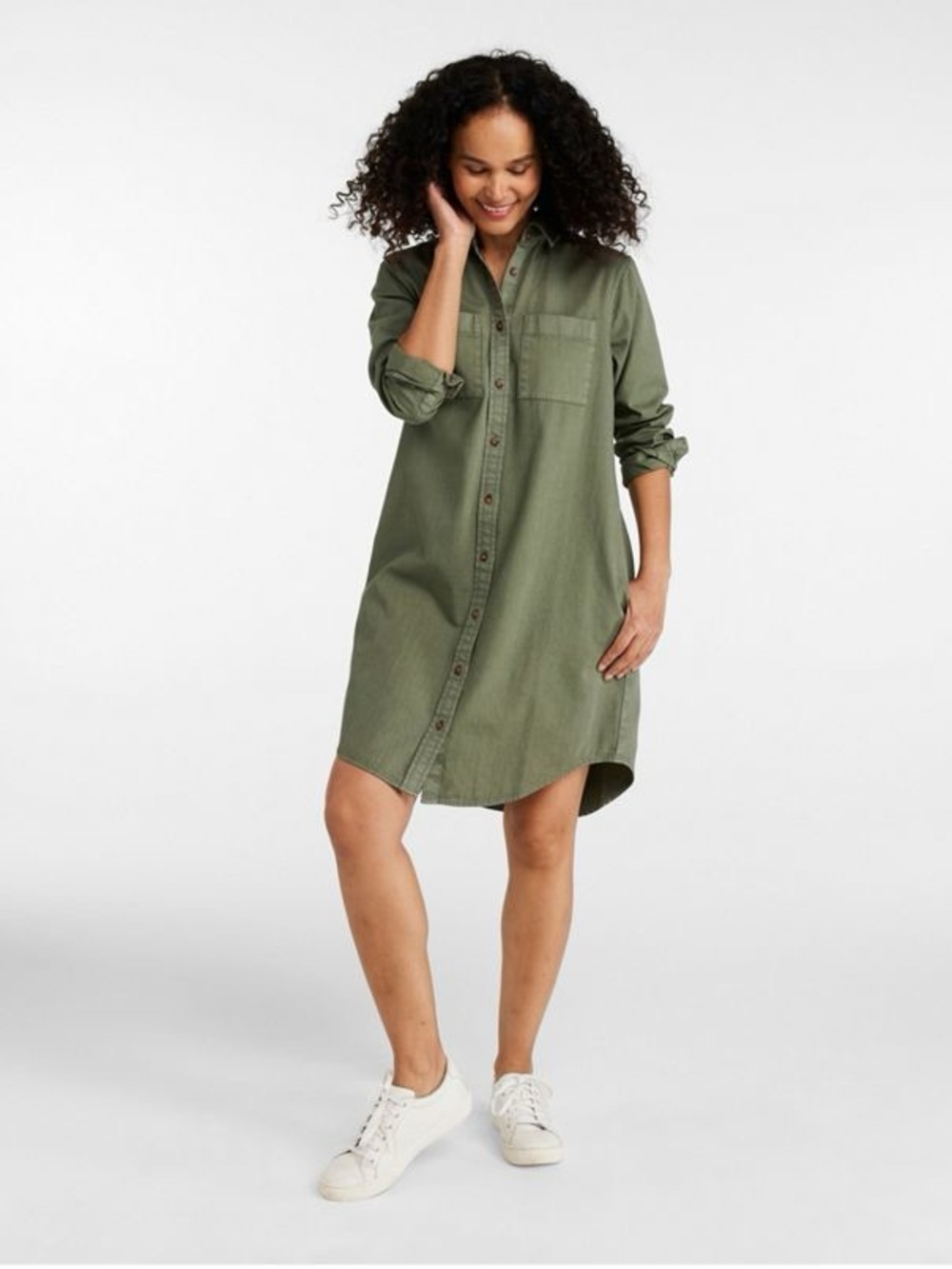 L.L. Bean Heritage Washed Denim Shirt Dress in Deep Olive Green, XL, EUC